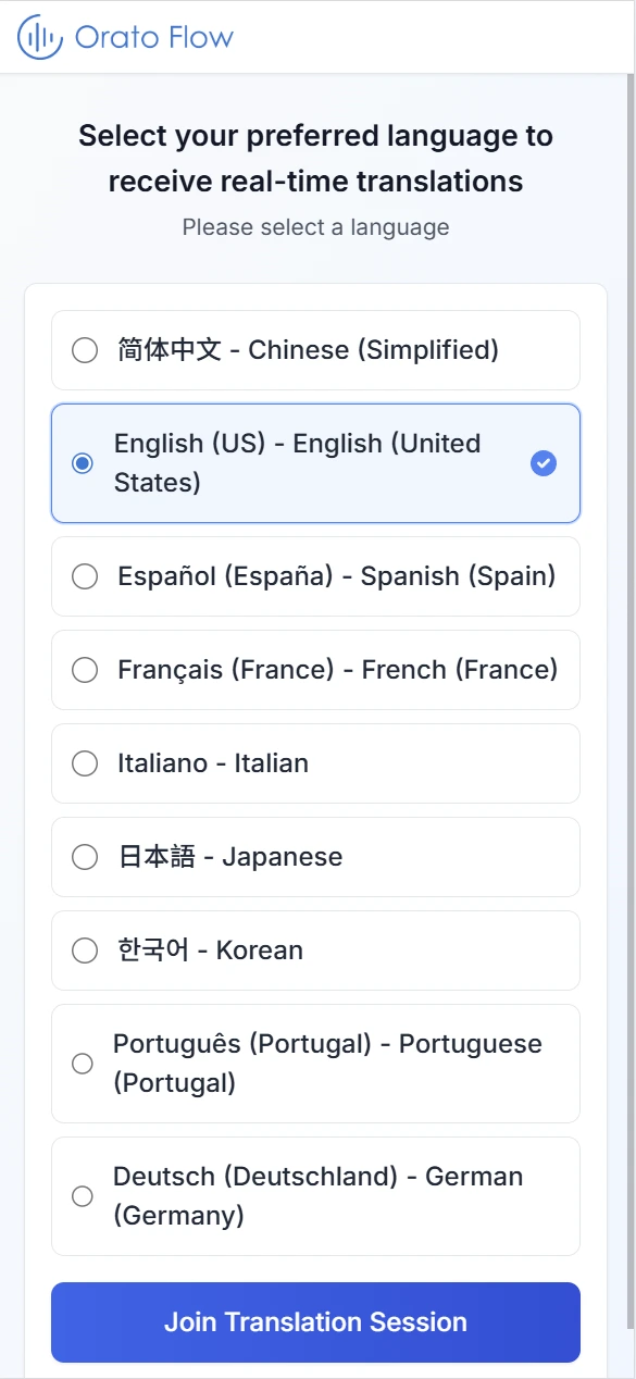 Attendee selects their preferred language